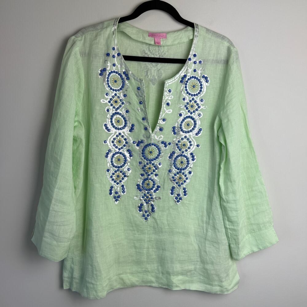 Lilly Pulitzer Amelia Island Tunic Linen Beaded Top Mojito Green Large